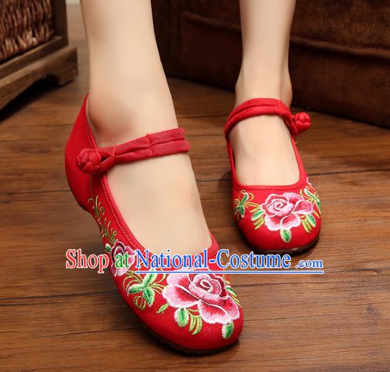 Traditional Chinese National Hanfu Shoes Red Embroidered Peony Shoes, China Princess Shoes Embroidery Shoes for Women