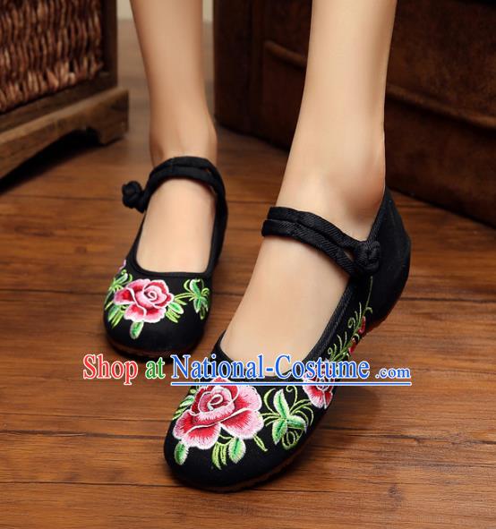 Traditional Chinese National Hanfu Shoes Black Embroidered Peony Shoes, China Princess Shoes Embroidery Shoes for Women