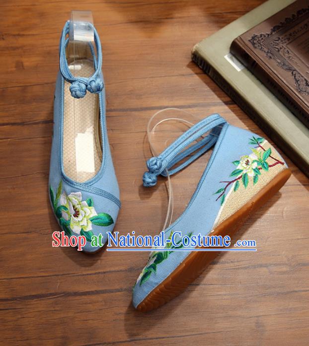 Traditional Chinese National Hanfu Shoes Blue Embroidered Shoes, China Princess Shoes Embroidery Flowers Shoes for Women