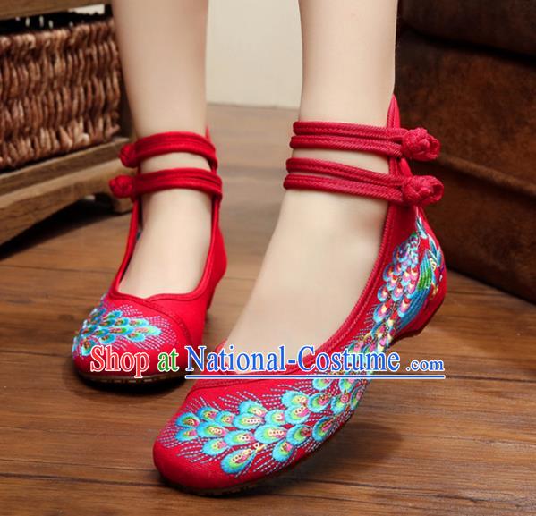 Traditional Chinese National Hanfu Thin Shoes Red Embroidered Shoes, China Princess Embroidery Peacock Shoes for Women