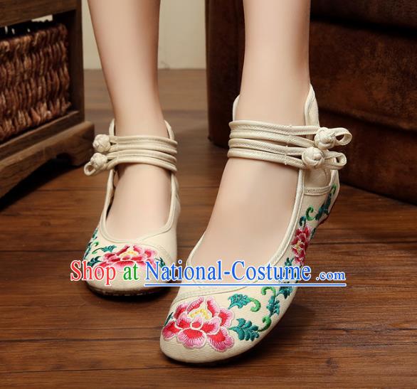 Traditional Chinese National Hanfu Shoes Embroidered Peony Shoes, China Princess White Embroidery Shoes for Women