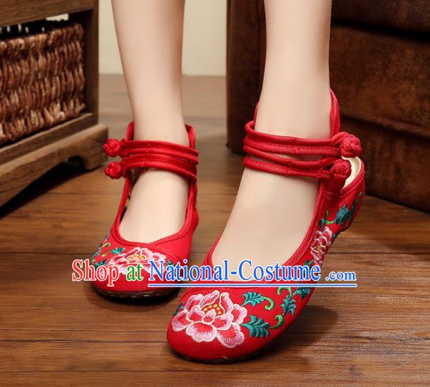 Traditional Chinese National Hanfu Shoes Embroidered Peony Shoes, China Princess Red Embroidery Shoes for Women