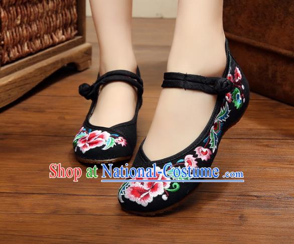 Traditional Chinese National Black Canvas Shoes Embroidered Peony Shoes, China Princess Embroidery Shoes for Women