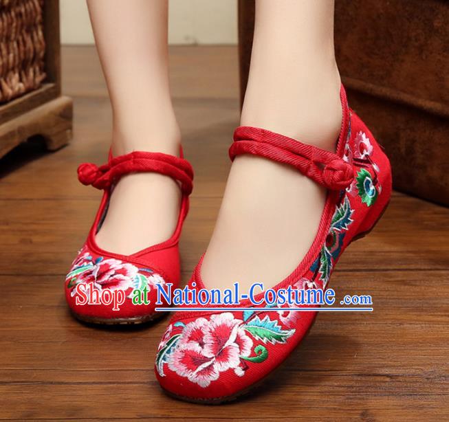 Traditional Chinese National Red Canvas Shoes Embroidered Peony Shoes, China Princess Embroidery Shoes for Women