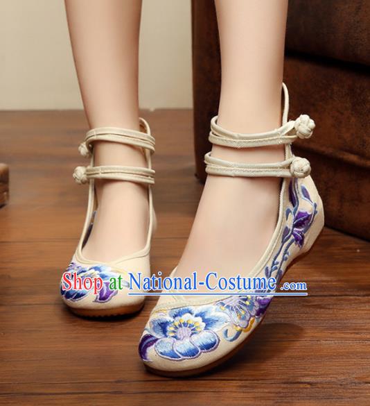 Traditional Chinese National White Canvas Shoes Embroidered Peony Shoes, China Princess Embroidery Shoes for Women