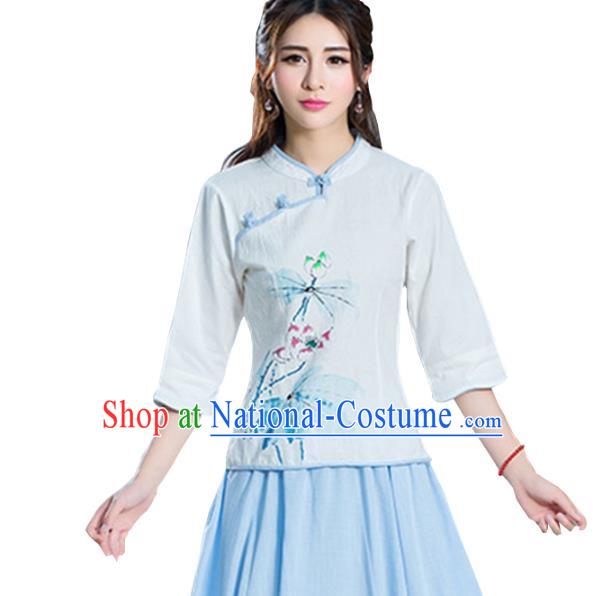 Traditional Chinese National Costume Hanfu Painting Lotus Blouse, China Tang Suit Cheongsam Upper Outer Garment Shirt for Women