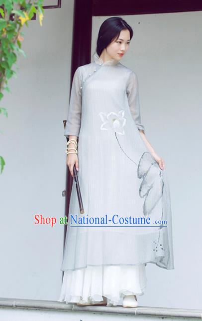 Traditional Chinese National Costume Hanfu Ink Painting Lotus Grey Qipao Dress, China Tang Suit Cheongsam for Women