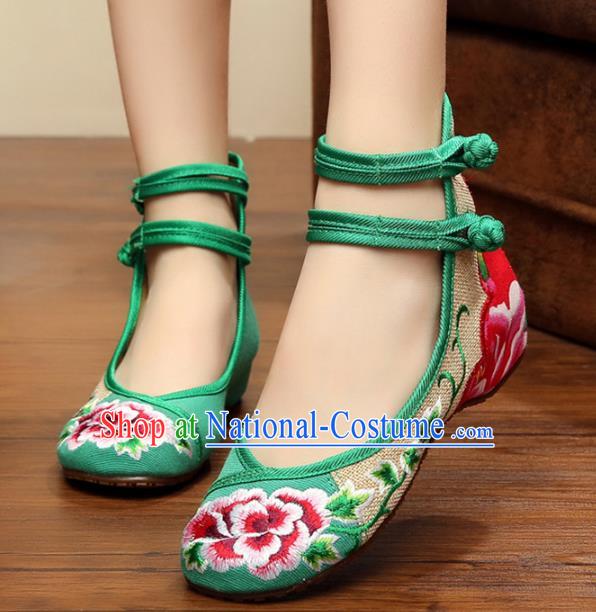 Traditional Chinese National Hanfu Linen Embroidered Peony Shoes, China Princess Shoes Embroidery Green Shoes for Women