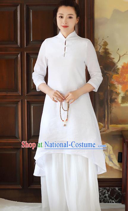 Traditional Chinese National Costume Hanfu White Qipao Dress, China Tang Suit Cheongsam for Women