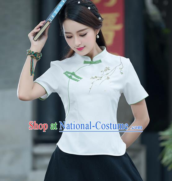 Traditional Chinese National Costume Hanfu Embroidery White Blouse, China Tang Suit Cheongsam Upper Outer Garment Shirt for Women