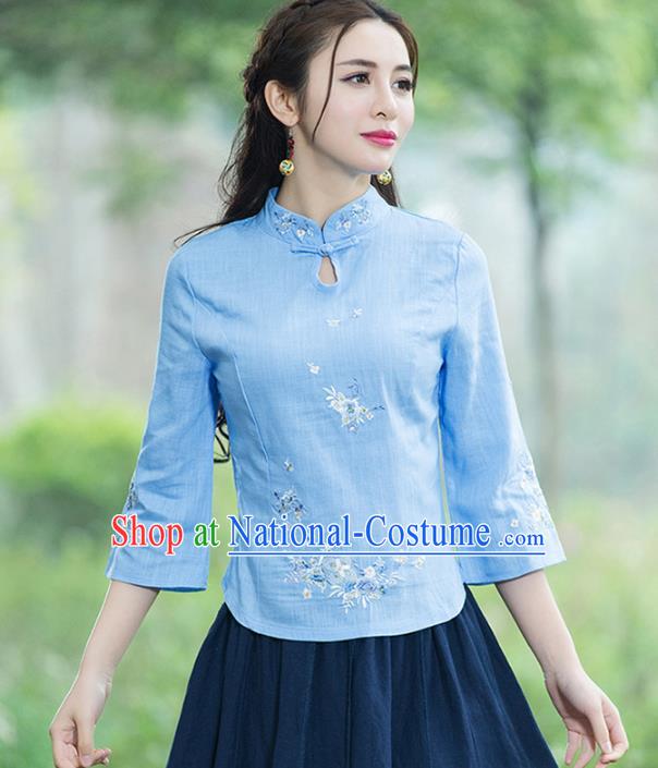 Traditional Chinese National Costume Hanfu Embroidery Blue Blouse, China Tang Suit Cheongsam Upper Outer Garment Shirt for Women