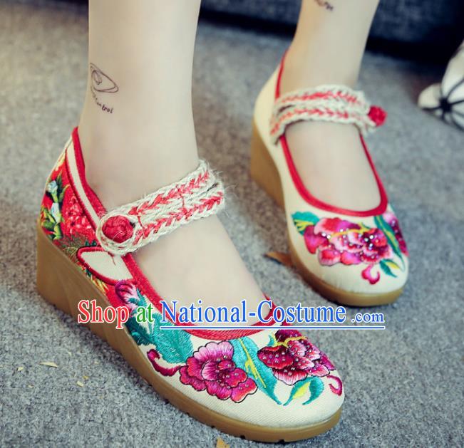 Traditional Chinese National Hanfu White Linen Embroidered Shoes, China Princess Embroidery Peony Shoes for Women