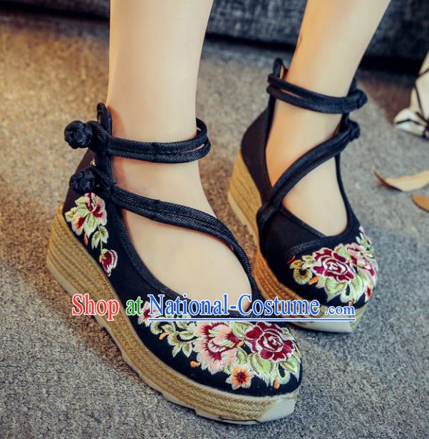 Traditional Chinese National Hanfu Black Linen Embroidered Shoes, China Princess Embroidery Peony Shoes for Women