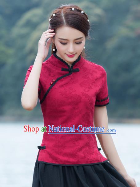 Traditional Chinese National Costume Hanfu Red Qipao Blouse, China Tang Suit Cheongsam Upper Outer Garment Shirt for Women