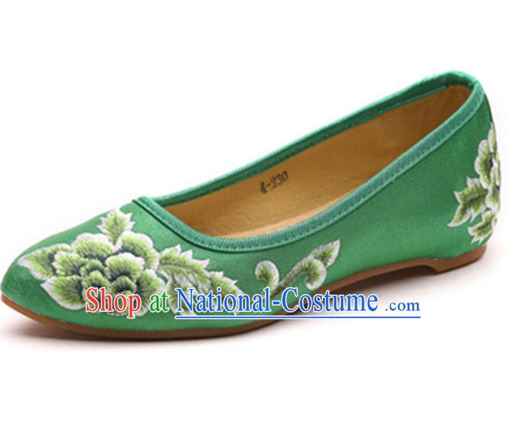 Traditional Chinese National Hanfu Embroidered Shoes, China Princess Embroidery Peony Green Shoes for Women