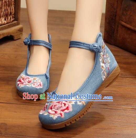 Traditional Chinese National Hanfu Linen Embroidered Shoes, China Princess Embroidery Peony Blue Shoes for Women