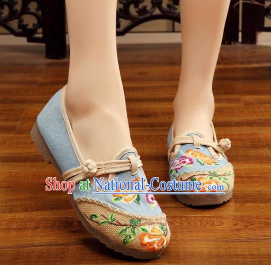 Traditional Chinese National Hanfu Embroidery Peony Linen Shoes, China Princess Blue Embroidered Shoes for Women