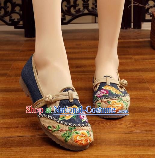 Traditional Chinese National Hanfu Embroidery Peony Linen Shoes, China Princess Navy Embroidered Shoes for Women