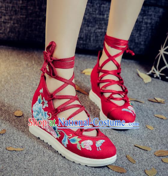 Traditional Chinese National Hanfu Red Embroidered Shoes, China Princess Embroidery Peony Shoes for Women