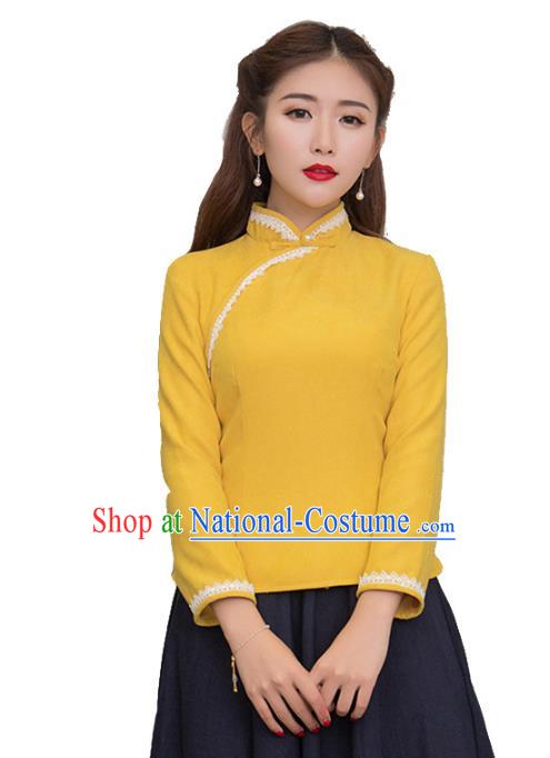 Traditional Chinese National Costume Hanfu Yellow Blouse, China Tang Suit Cheongsam Upper Outer Garment Shirt for Women