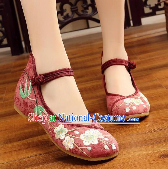 Traditional Chinese National Hanfu Embroidery Wintersweet Red Shoes, China Princess Embroidered Shoes for Women