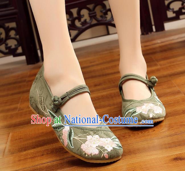 Traditional Chinese National Hanfu Embroidery Begonia Green Shoes, China Princess Embroidered Shoes for Women