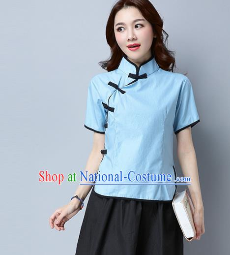 Traditional Chinese National Costume Hanfu Blue Qipao Blouse, China Tang Suit Cheongsam Upper Outer Garment Shirt for Women