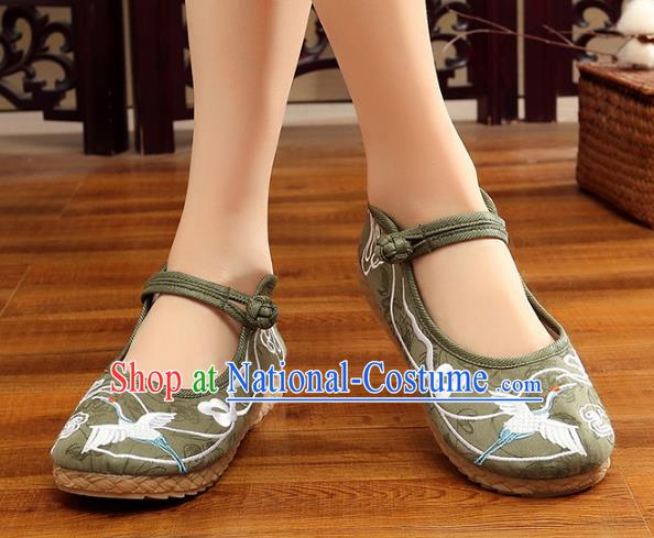 Traditional Chinese National Hanfu Green Embroidery Crane Shoes, China Princess Embroidered Shoes for Women