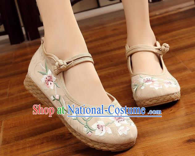 Traditional Chinese National Hanfu Embroidery Peach Blossom White Shoes, China Princess Embroidered Shoes for Women