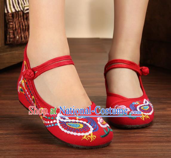 Traditional Chinese National Hanfu Embroidery Phoenix Red Shoes, China Princess Embroidered Shoes for Women