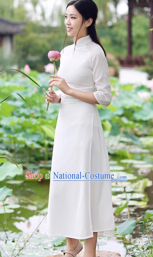 Traditional Chinese National Costume Hanfu White Qipao Dress, China Tang Suit Cheongsam for Women