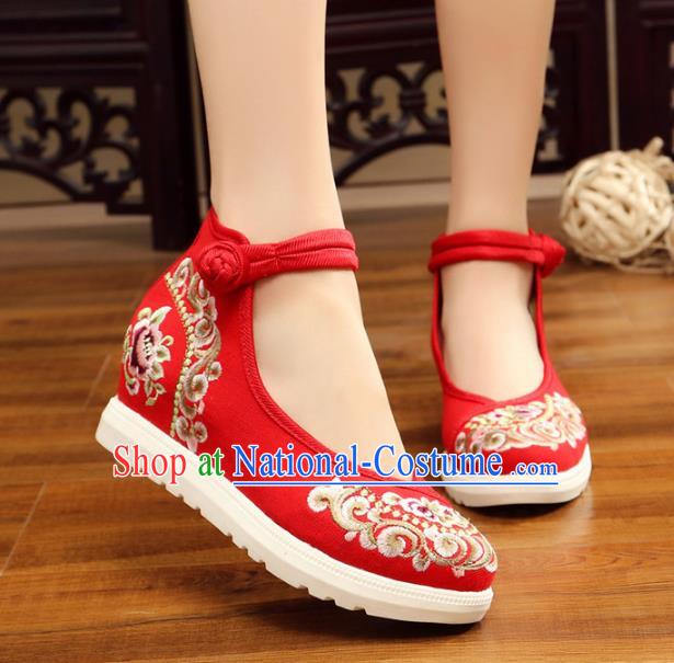 Traditional Chinese National Hanfu Red Canvas Embroidery Shoes, China Princess Embroidered Shoes for Women