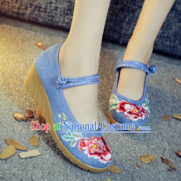 Traditional Chinese National Hanfu Embroidery Peony Blue Shoes, China Embroidered Shoes for Women