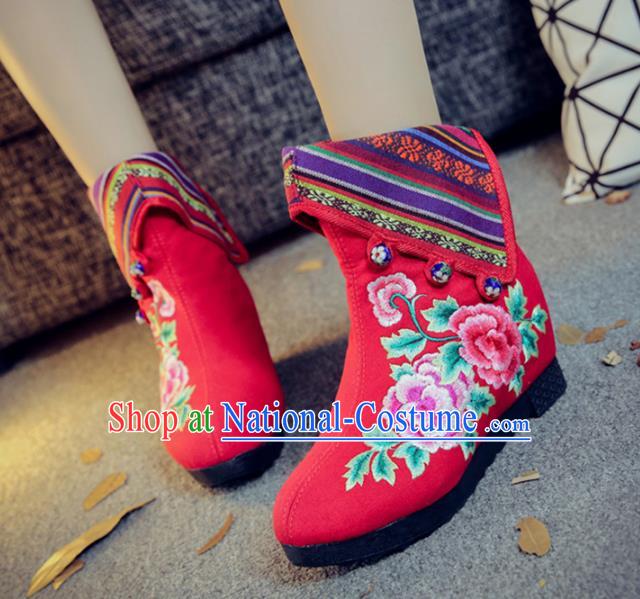 Traditional Chinese National Hanfu Embroidery Peony Red Boots, China Embroidered Shoes for Women