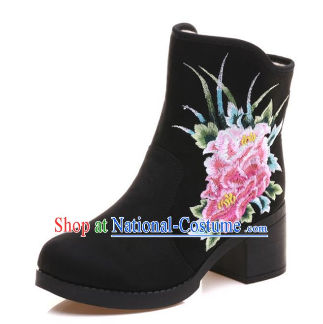 Traditional Chinese National Hanfu Embroidery Peony Boots, China Embroidered Shoes for Women