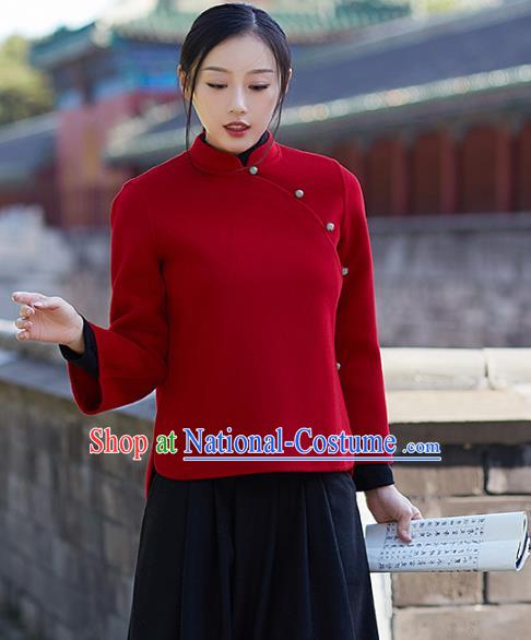 Traditional Chinese National Costume Hanfu Red Woolen Blouse, China Tang Suit Cheongsam Upper Outer Garment Shirt for Women