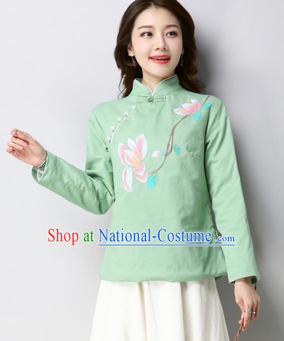 Traditional Chinese National Costume Hanfu Printing Magnolia Green Qipao Blouse, China Tang Suit Cheongsam Shirts for Women