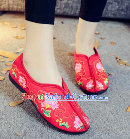 Traditional Chinese National Hanfu Embroidery Peony Red Shoes, China Ancient Embroidered Shoes for Women