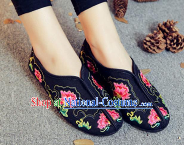 Traditional Chinese National Hanfu Embroidery Peony Black Shoes, China Ancient Embroidered Shoes for Women