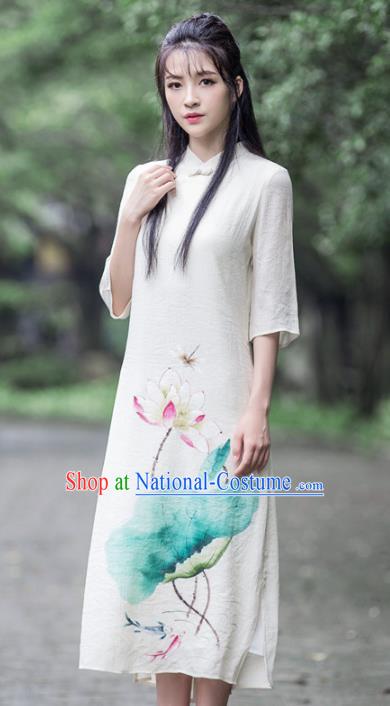 Traditional Chinese National Costume Hanfu White Linen Painting Lotus Qipao, China Tang Suit Cheongsam Dress for Women