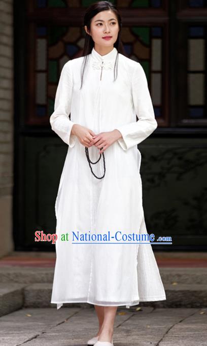 Traditional Chinese National Costume Hanfu White Linen Qipao, China Tang Suit Cheongsam Dress for Women