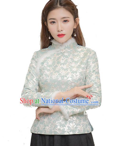 Traditional Chinese National Costume Hanfu Green Satin Blouse, China Tang Suit Cheongsam Upper Outer Garment Shirt for Women