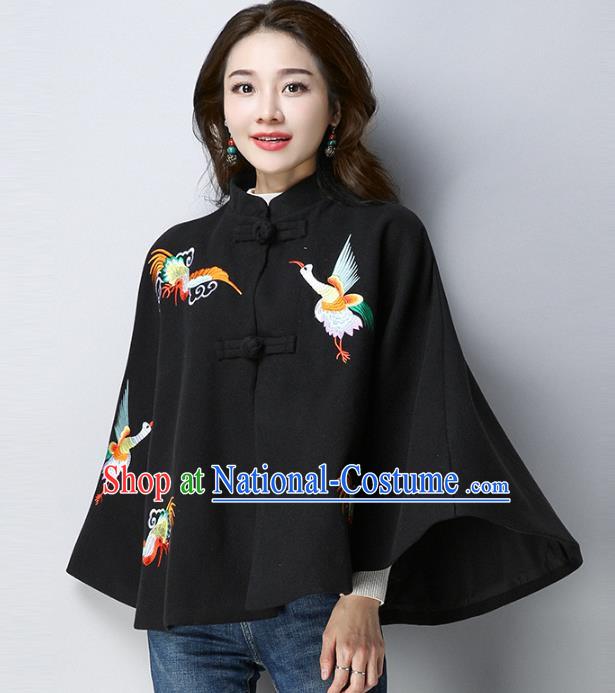 Traditional Chinese National Costume Hanfu Red Embroidered Black Cloak, China Tang Suit Cape for Women