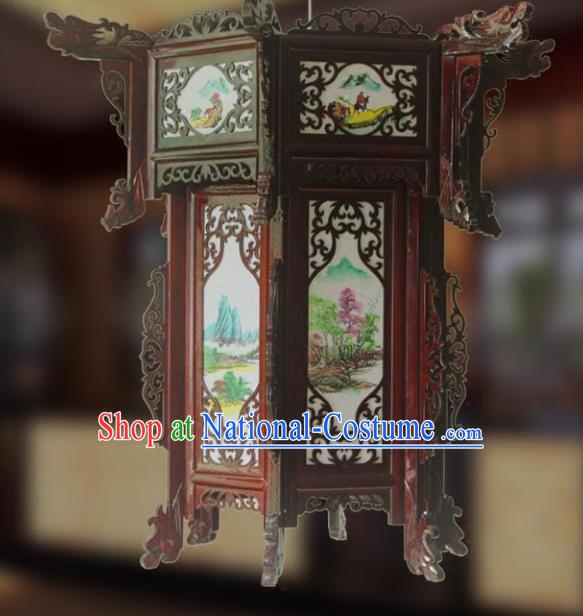 Traditional Chinese Handmade Printing Sheepskin Hexagon Lantern Classical Palace Lantern China Wood Carving Ceiling Palace Lamp