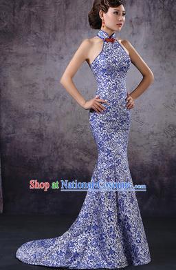 Chinese Style Wedding Catwalks Costume Wedding Bride Embroidered Trailing Full Dress Cheongsam for Women