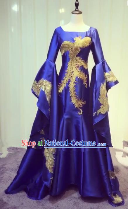 Chinese Style Wedding Catwalks Costume Wedding Bride Embroidery Phoenix Trailing Full Dress Compere Cheongsam for Women