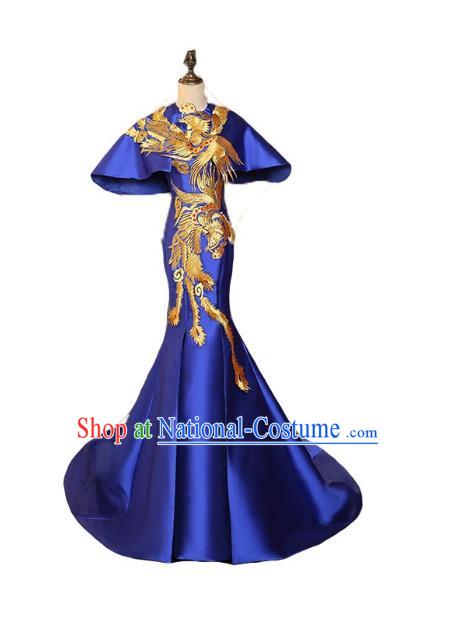 Chinese Style Wedding Catwalks Costume Wedding Blue Fishtail Full Dress Compere Embroidered Phoenix Cheongsam for Women