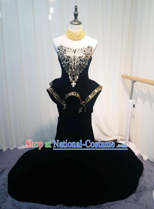 Chinese Style Wedding Catwalks Costume Wedding Trailing Black Full Dress Compere Embroidered Cheongsam for Women