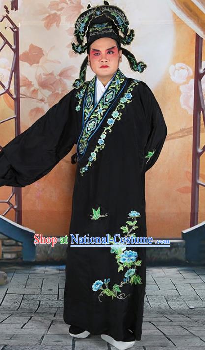 Chinese Beijing Opera Niche Costume Black Embroidered Robe, China Peking Opera Scholar Embroidery Peony Clothing