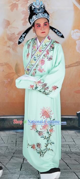 Chinese Beijing Opera Niche Costume Green Embroidered Robe, China Peking Opera Scholar Embroidery Chrysanthemum Clothing